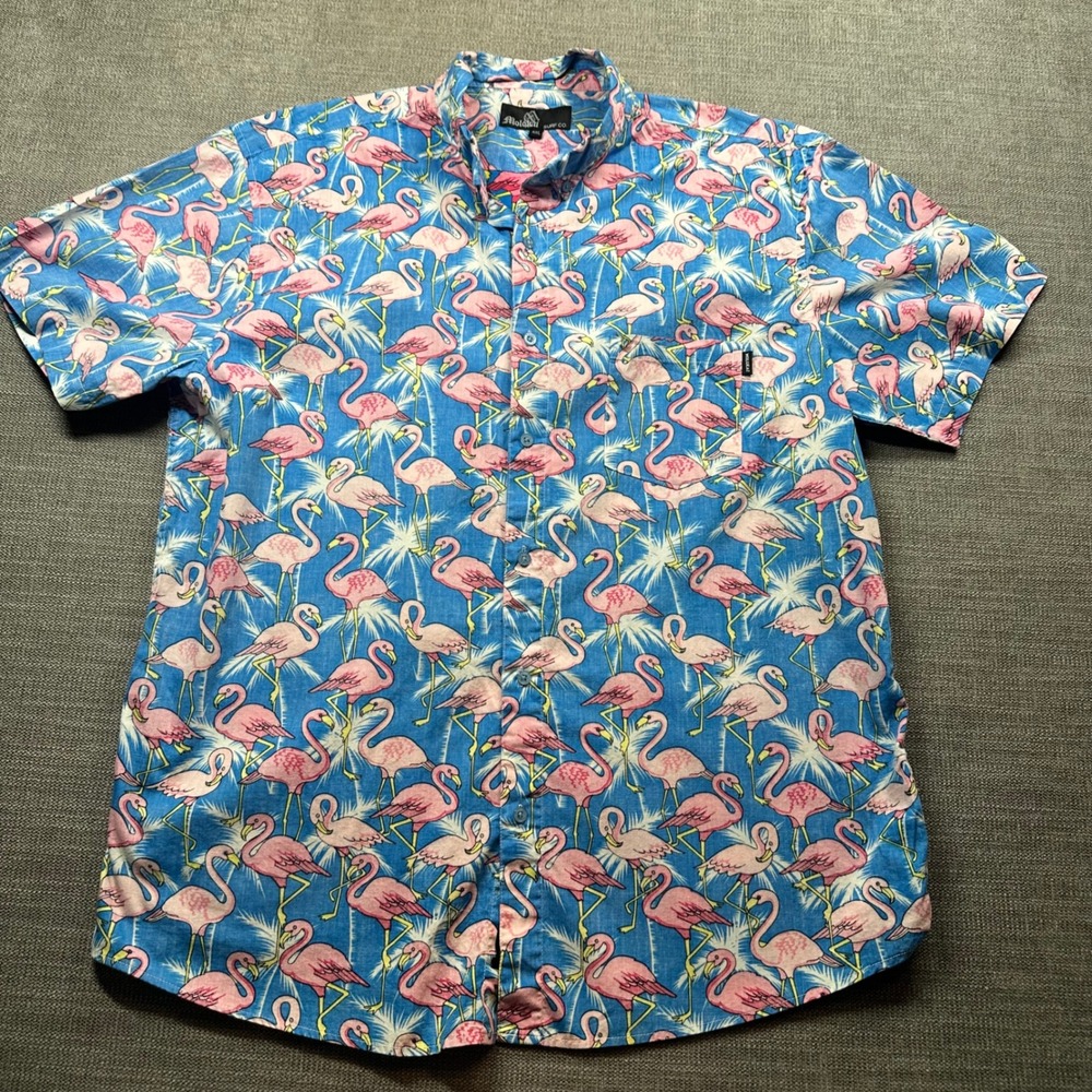 Molokai Surf Co Flamingo Shirt Mens XXL Blue Pink  Short Sleeve Cotton